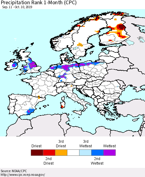 Europe Precipitation Rank since 1981, 1-Month (CPC) Thematic Map For 9/11/2019 - 10/10/2019