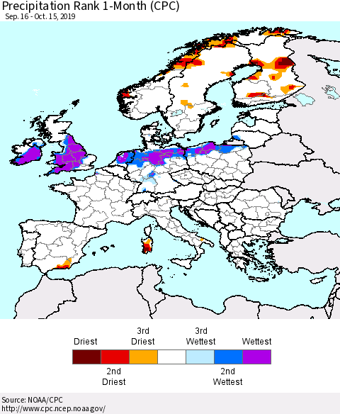 Europe Precipitation Rank 1-Month (CPC) Thematic Map For 9/16/2019 - 10/15/2019