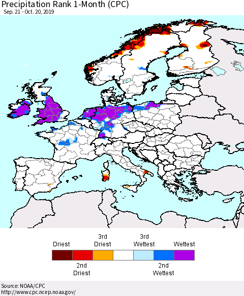 Europe Precipitation Rank 1-Month (CPC) Thematic Map For 9/21/2019 - 10/20/2019