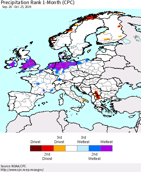 Europe Precipitation Rank 1-Month (CPC) Thematic Map For 9/26/2019 - 10/25/2019