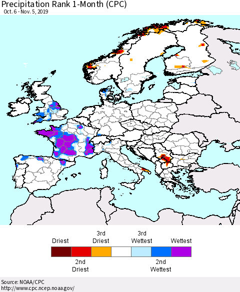 Europe Precipitation Rank 1-Month (CPC) Thematic Map For 10/6/2019 - 11/5/2019