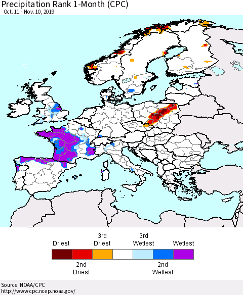 Europe Precipitation Rank 1-Month (CPC) Thematic Map For 10/11/2019 - 11/10/2019