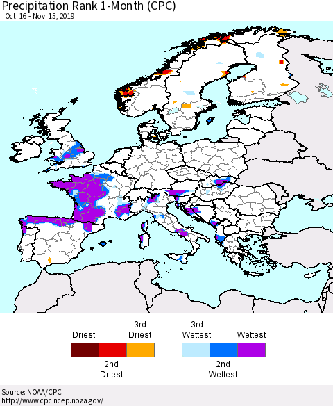 Europe Precipitation Rank 1-Month (CPC) Thematic Map For 10/16/2019 - 11/15/2019