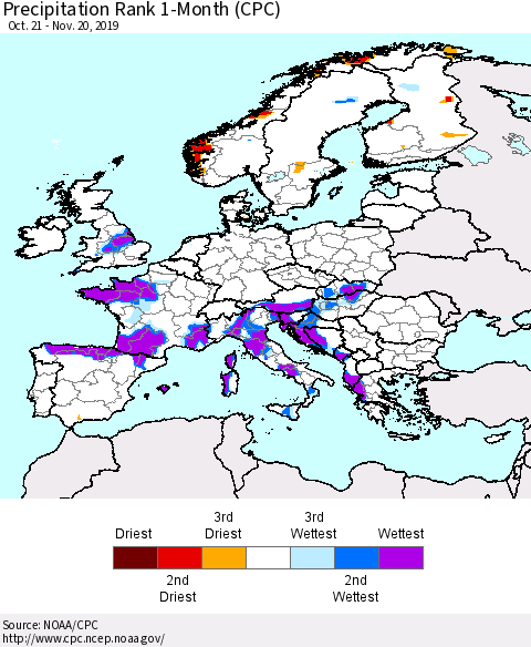 Europe Precipitation Rank 1-Month (CPC) Thematic Map For 10/21/2019 - 11/20/2019