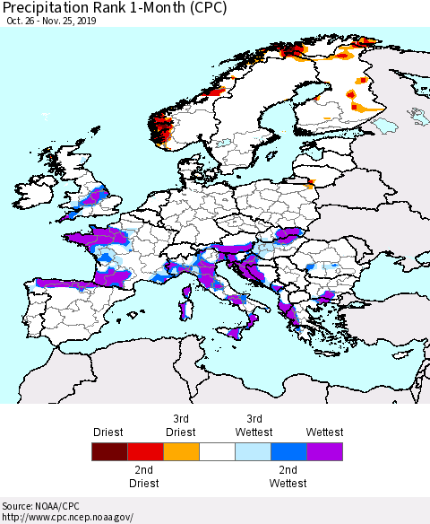 Europe Precipitation Rank 1-Month (CPC) Thematic Map For 10/26/2019 - 11/25/2019
