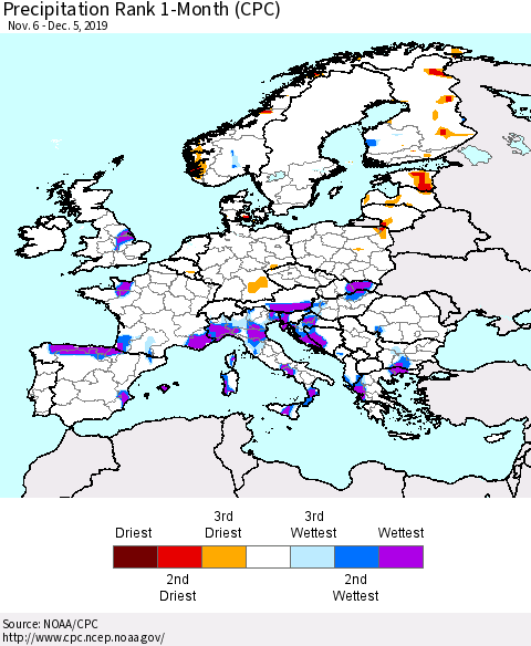 Europe Precipitation Rank 1-Month (CPC) Thematic Map For 11/6/2019 - 12/5/2019