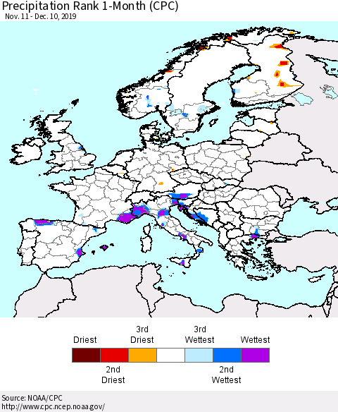 Europe Precipitation Rank 1-Month (CPC) Thematic Map For 11/11/2019 - 12/10/2019
