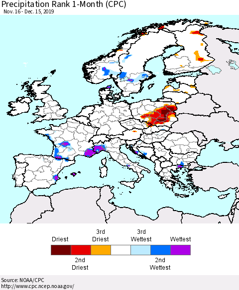 Europe Precipitation Rank 1-Month (CPC) Thematic Map For 11/16/2019 - 12/15/2019