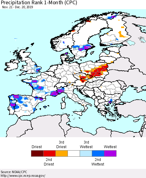 Europe Precipitation Rank 1-Month (CPC) Thematic Map For 11/21/2019 - 12/20/2019