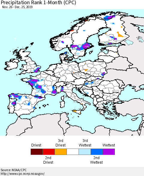 Europe Precipitation Rank since 1981, 1-Month (CPC) Thematic Map For 11/26/2019 - 12/25/2019