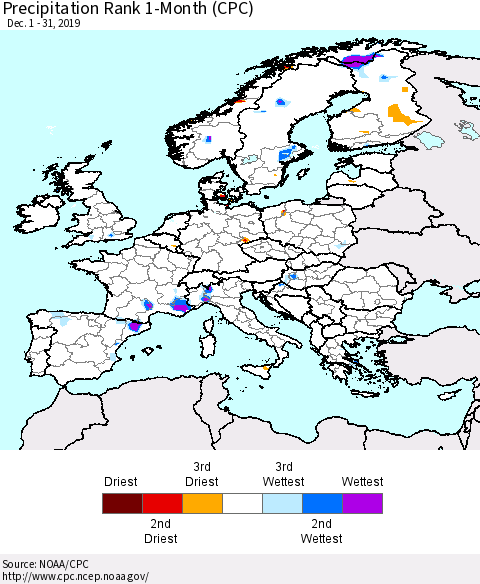 Europe Precipitation Rank 1-Month (CPC) Thematic Map For 12/1/2019 - 12/31/2019