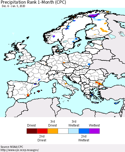 Europe Precipitation Rank 1-Month (CPC) Thematic Map For 12/6/2019 - 1/5/2020