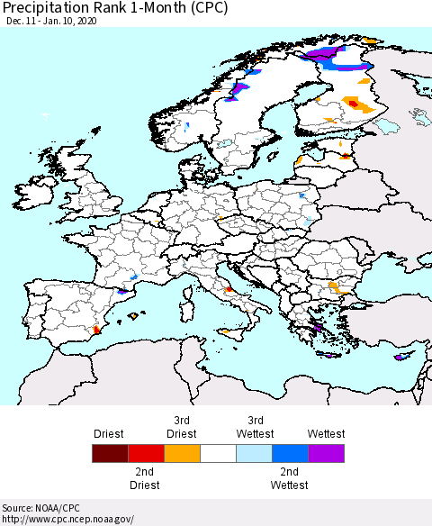 Europe Precipitation Rank 1-Month (CPC) Thematic Map For 12/11/2019 - 1/10/2020