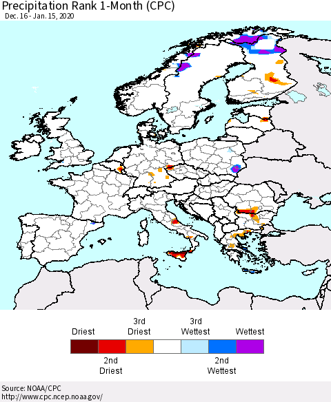 Europe Precipitation Rank 1-Month (CPC) Thematic Map For 12/16/2019 - 1/15/2020