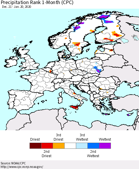Europe Precipitation Rank 1-Month (CPC) Thematic Map For 12/21/2019 - 1/20/2020