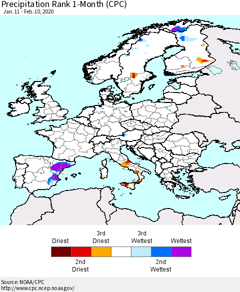 Europe Precipitation Rank since 1981, 1-Month (CPC) Thematic Map For 1/11/2020 - 2/10/2020