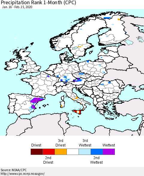 Europe Precipitation Rank 1-Month (CPC) Thematic Map For 1/16/2020 - 2/15/2020