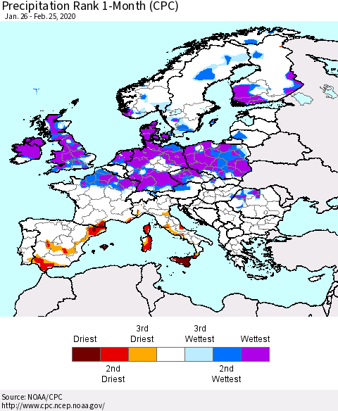 Europe Precipitation Rank 1-Month (CPC) Thematic Map For 1/26/2020 - 2/25/2020