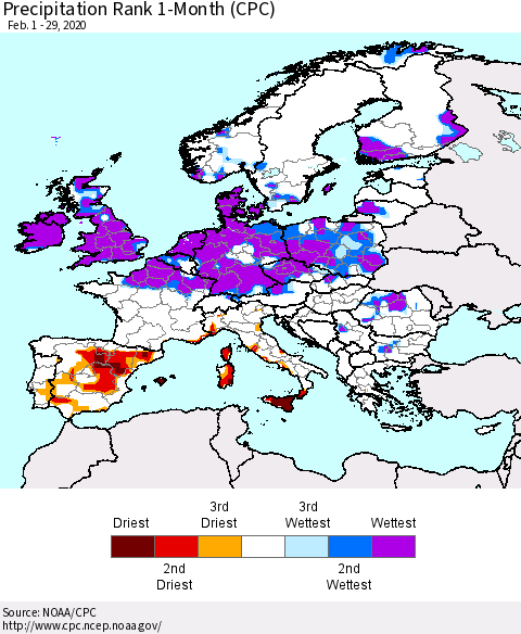 Europe Precipitation Rank since 1981, 1-Month (CPC) Thematic Map For 2/1/2020 - 2/29/2020