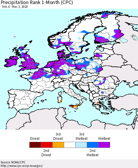 Europe Precipitation Rank 1-Month (CPC) Thematic Map For 2/6/2020 - 3/5/2020