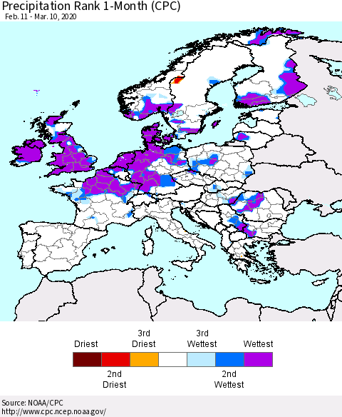 Europe Precipitation Rank since 1981, 1-Month (CPC) Thematic Map For 2/11/2020 - 3/10/2020