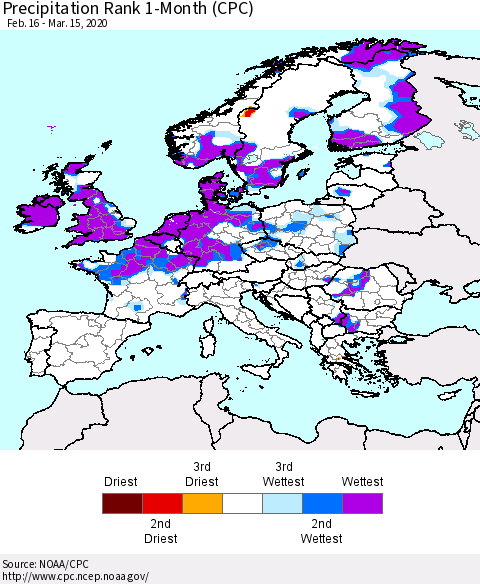 Europe Precipitation Rank 1-Month (CPC) Thematic Map For 2/16/2020 - 3/15/2020