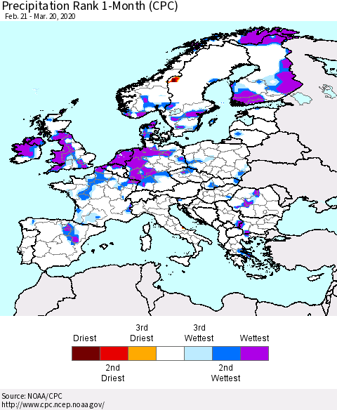 Europe Precipitation Rank 1-Month (CPC) Thematic Map For 2/21/2020 - 3/20/2020