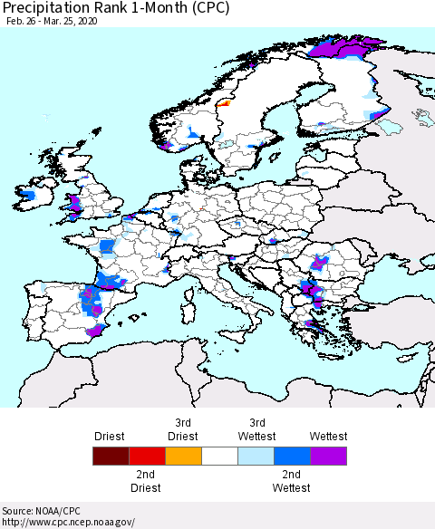 Europe Precipitation Rank 1-Month (CPC) Thematic Map For 2/26/2020 - 3/25/2020