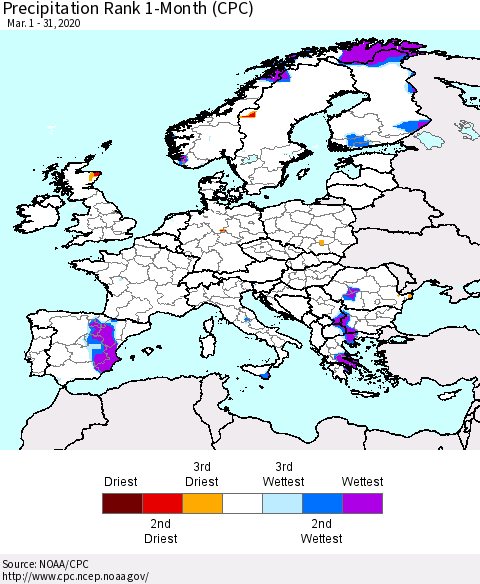 Europe Precipitation Rank since 1981, 1-Month (CPC) Thematic Map For 3/1/2020 - 3/31/2020