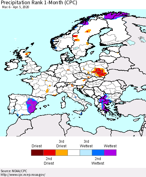 Europe Precipitation Rank 1-Month (CPC) Thematic Map For 3/6/2020 - 4/5/2020