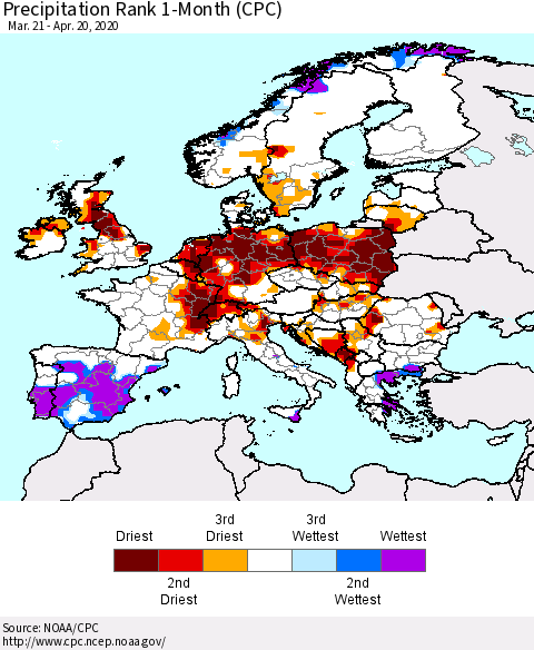 Europe Precipitation Rank since 1981, 1-Month (CPC) Thematic Map For 3/21/2020 - 4/20/2020