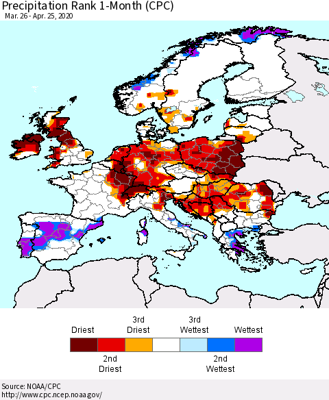 Europe Precipitation Rank 1-Month (CPC) Thematic Map For 3/26/2020 - 4/25/2020