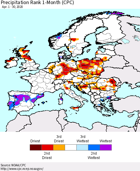 Europe Precipitation Rank since 1981, 1-Month (CPC) Thematic Map For 4/1/2020 - 4/30/2020