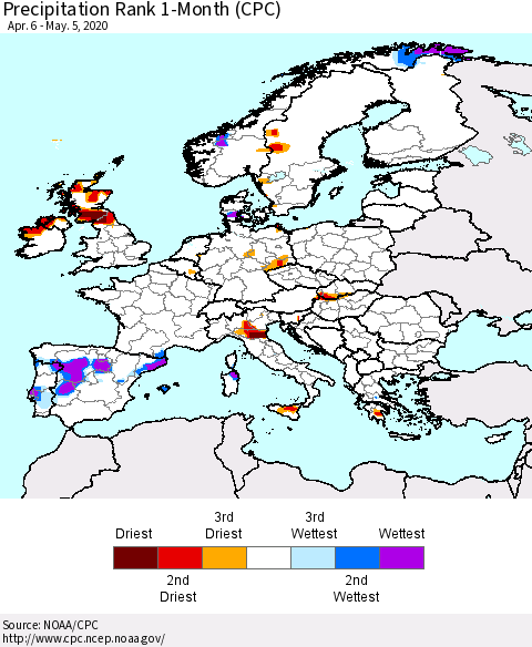 Europe Precipitation Rank 1-Month (CPC) Thematic Map For 4/6/2020 - 5/5/2020