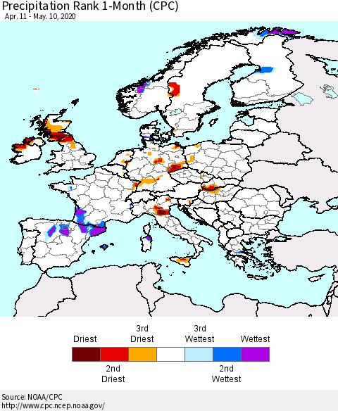 Europe Precipitation Rank 1-Month (CPC) Thematic Map For 4/11/2020 - 5/10/2020