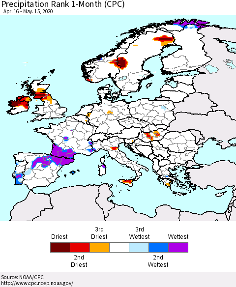 Europe Precipitation Rank 1-Month (CPC) Thematic Map For 4/16/2020 - 5/15/2020