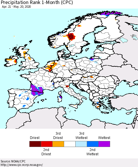 Europe Precipitation Rank since 1981, 1-Month (CPC) Thematic Map For 4/21/2020 - 5/20/2020