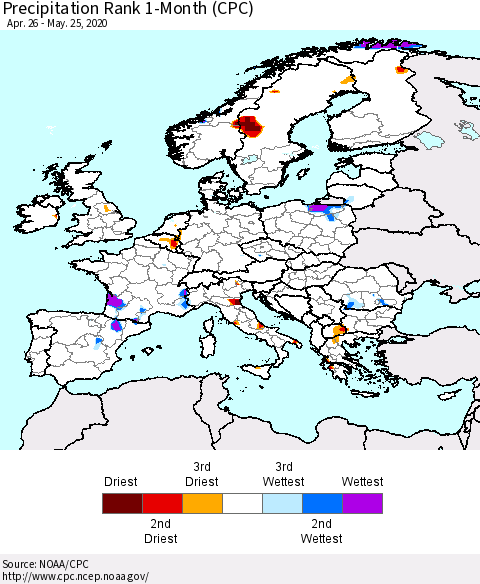 Europe Precipitation Rank 1-Month (CPC) Thematic Map For 4/26/2020 - 5/25/2020