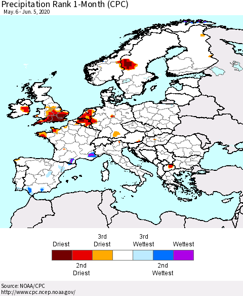 Europe Precipitation Rank 1-Month (CPC) Thematic Map For 5/6/2020 - 6/5/2020
