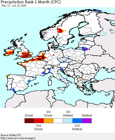 Europe Precipitation Rank 1-Month (CPC) Thematic Map For 5/11/2020 - 6/10/2020