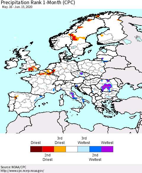 Europe Precipitation Rank 1-Month (CPC) Thematic Map For 5/16/2020 - 6/15/2020