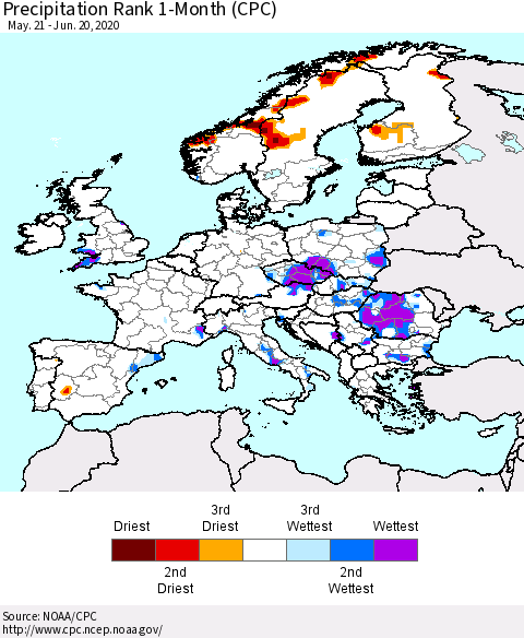 Europe Precipitation Rank since 1981, 1-Month (CPC) Thematic Map For 5/21/2020 - 6/20/2020