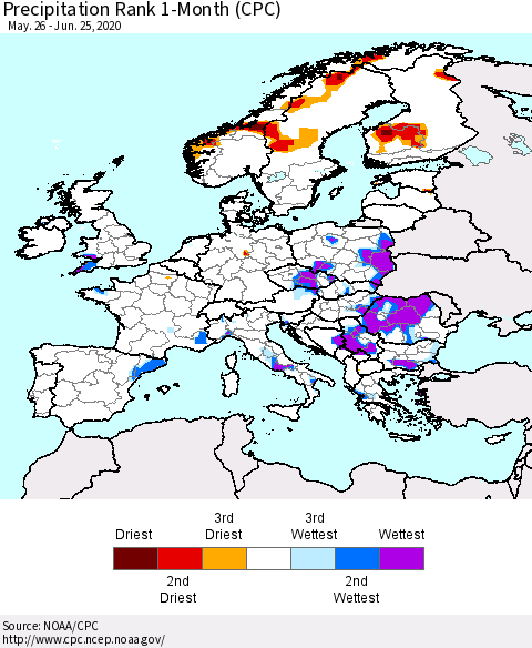 Europe Precipitation Rank 1-Month (CPC) Thematic Map For 5/26/2020 - 6/25/2020