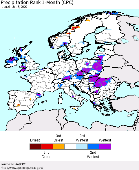 Europe Precipitation Rank since 1981, 1-Month (CPC) Thematic Map For 6/6/2020 - 7/5/2020