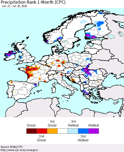 Europe Precipitation Rank 1-Month (CPC) Thematic Map For 6/21/2020 - 7/20/2020