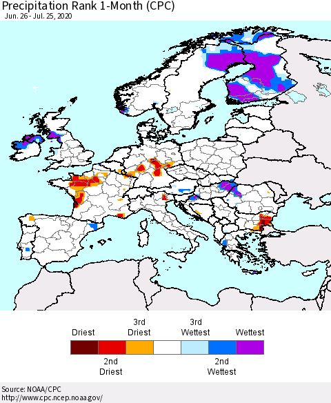Europe Precipitation Rank 1-Month (CPC) Thematic Map For 6/26/2020 - 7/25/2020