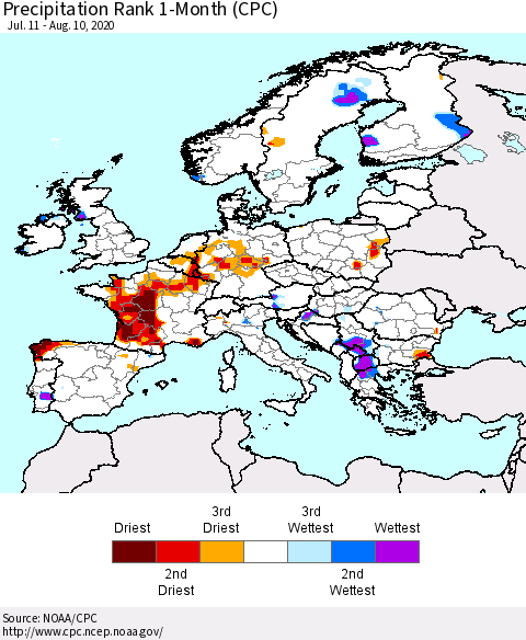 Europe Precipitation Rank 1-Month (CPC) Thematic Map For 7/11/2020 - 8/10/2020