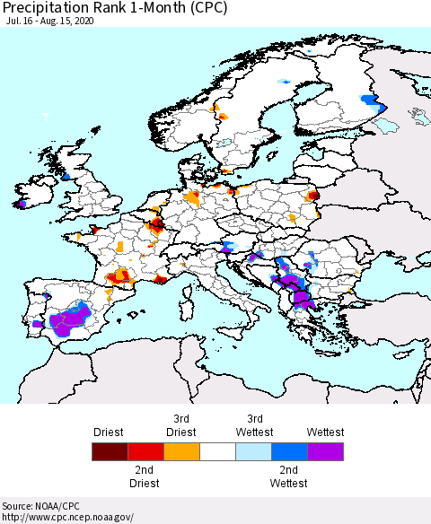 Europe Precipitation Rank 1-Month (CPC) Thematic Map For 7/16/2020 - 8/15/2020