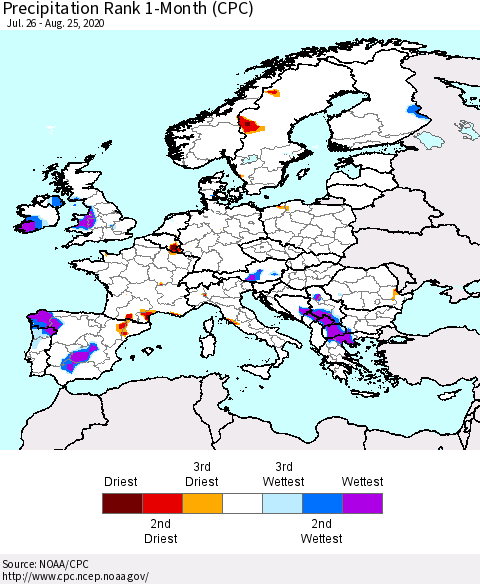 Europe Precipitation Rank 1-Month (CPC) Thematic Map For 7/26/2020 - 8/25/2020