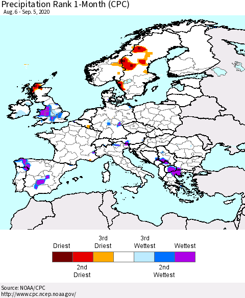 Europe Precipitation Rank since 1981, 1-Month (CPC) Thematic Map For 8/6/2020 - 9/5/2020